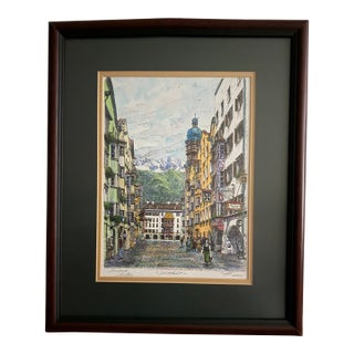 2002 Austrian Artist Josef Eidenberger “Altstadt” of Innsbruck, Austria, Signed Colored Etching For Sale