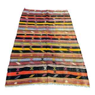1960s Vintage Colorful Striped Turkish Kilim Rug- 4′3″ × 7′ For Sale