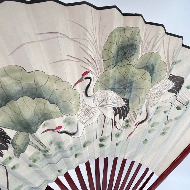 Vintage Large Chinoiserie Silk Wall Fan Heron Crane and Lotus Flower Wall Decor For Sale In New York - Image 6 of 12