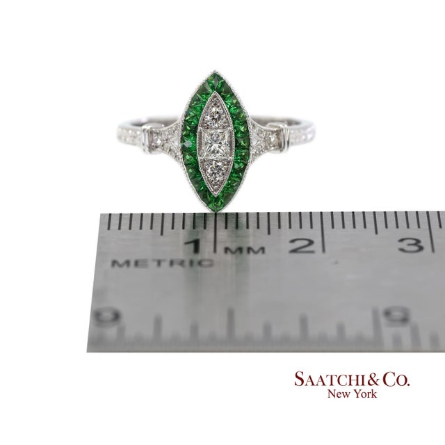 18k (750) White Gold Natural Diamond and Tsavorite Marquise Milgrain Ring, Size 6.5 For Sale - Image 11 of 12