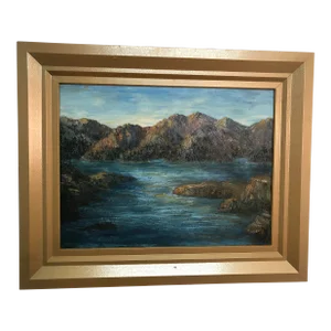 Early 20th Century River & Mountains Oil on Canvas, Framed