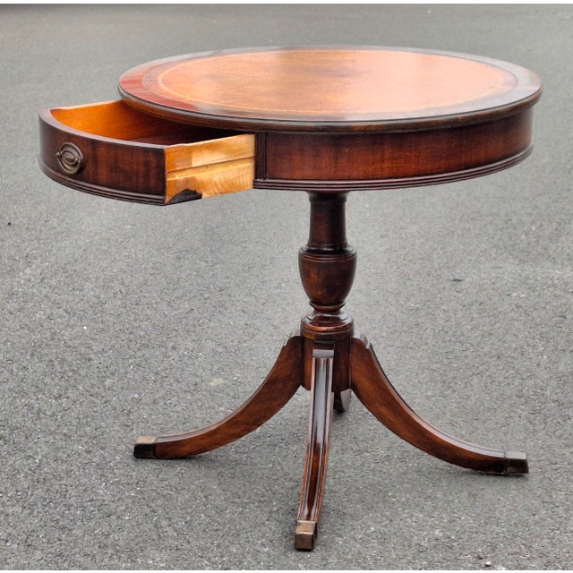 Mid 20th Century Brandt Mid-Century Regency Style Mahogany and Stenciled Leather Top Drum Table For Sale - Image 5 of 14