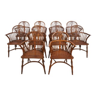 Set of 10 English Style Oak Windsor Arm Dining Chairs For Sale