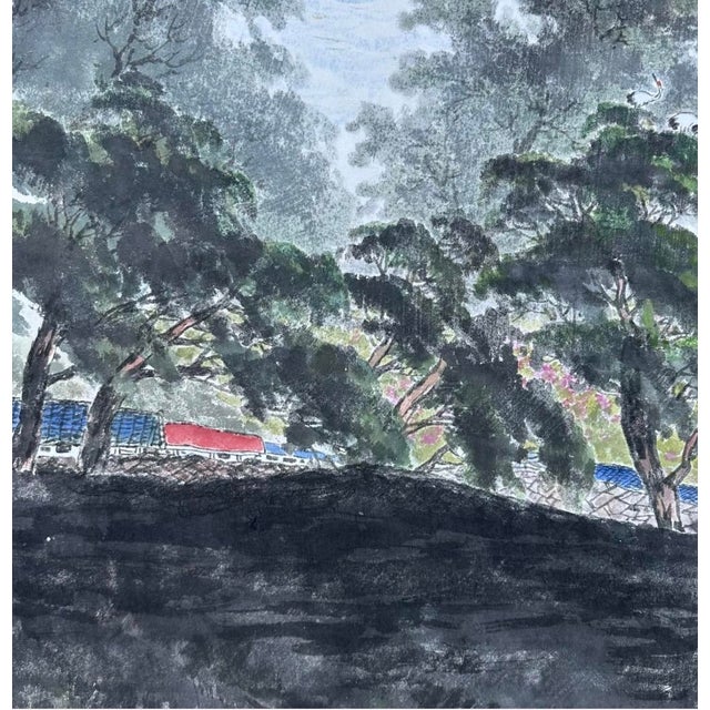 Textile Mid 20th Century Monumental Chinese 6 Panel Hand-Painted Landscape Screen W/ Cranes & Calligraphy For Sale - Image 7 of 18