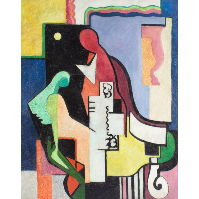 A 1950 oil on canvas Cubist style painting by the American artist John Eddy Hutchins (born 1891). This vibrant piece...