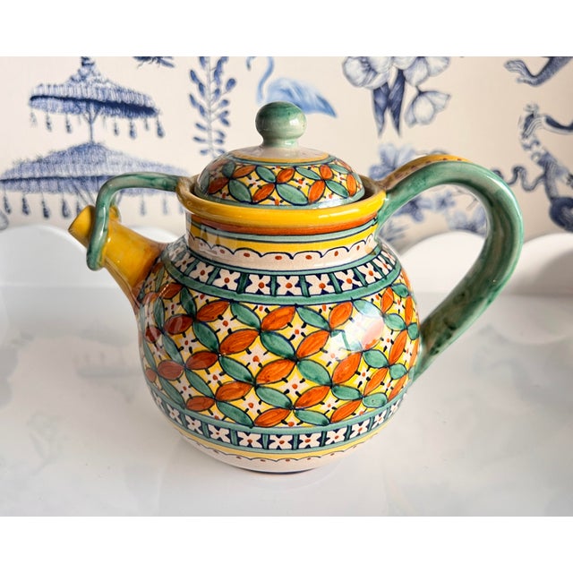 1980s 1980s Yellow Handpainted Yellow Aqua Pottery Teapot Ponte Yecchio Handcrafted in Italy For Sale - Image 5 of 10