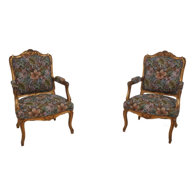 Pair of Louis XV Giltwood Fauteuils Armchairs For Sale