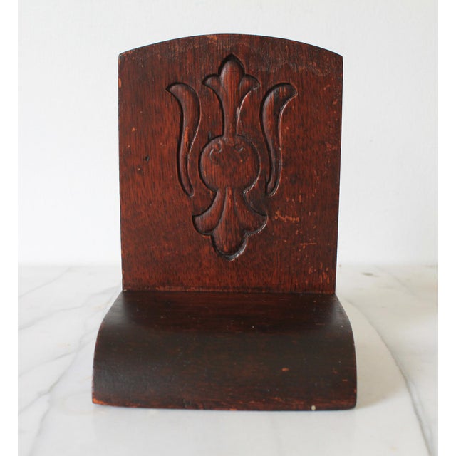 Mid 20th Century Vintage Hand Tooled Arts and Crafts Oak Wood Bookends For Sale - Image 5 of 11