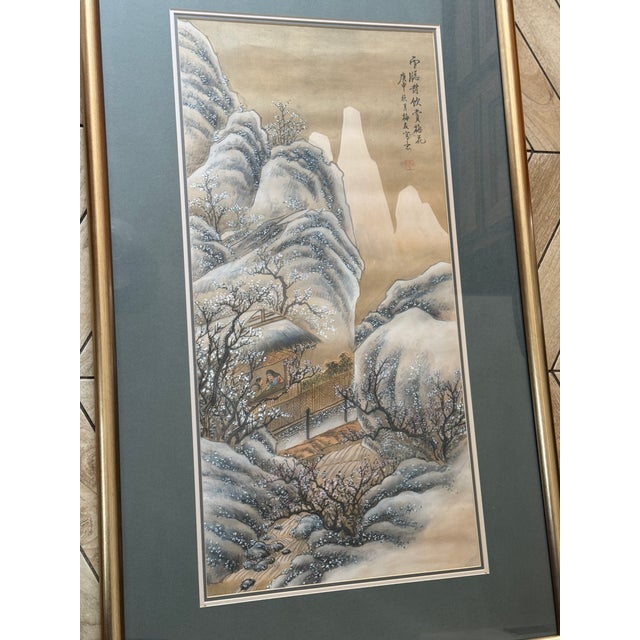 Mid 20th Century Silk Asian Painting of Mountain & Plum Blossoms, Framed For Sale In Phoenix - Image 6 of 8