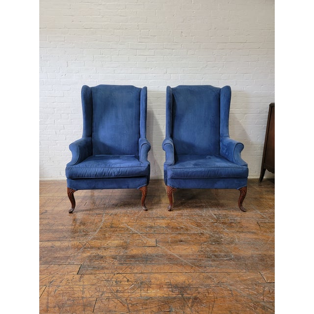Vintage French Provincial Oversized Blue Velvet Wingback Chairs a
