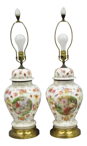 Victorian German Porcelain Ginger Jar Vase Meissen Attr. French Table Lamp Pair