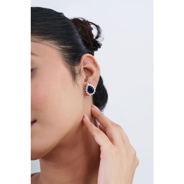 Ink Blue 8.01ct Royal Blue Sapphire & 2.19ct Diamond Halo Pear Stud Earrings in 14k White Gold- A Pair For Sale - Image 8 of 16