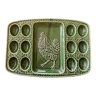 Vintage Deviled Egg Platter- Basket Weave Pattern Green For Sale