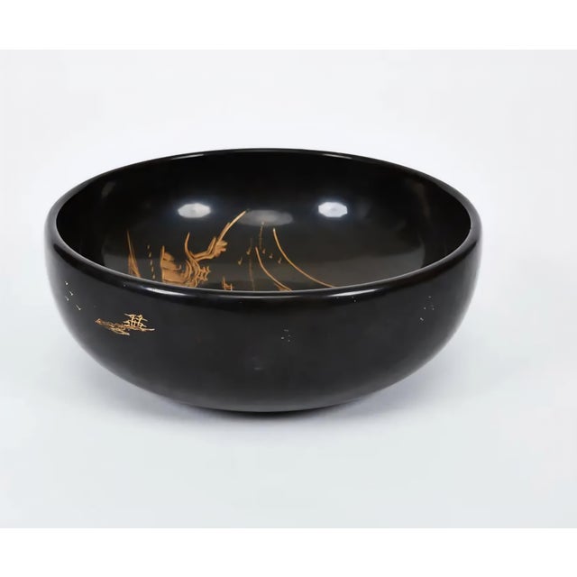 Vintage 1940s Japanese Black Lacquer Bowl With Painted Brass Inlay For Sale - Image 9 of 16
