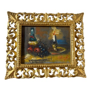 Vintage Italian Still Life Oil Painting Gold Ornate Frame Signed Original For Sale