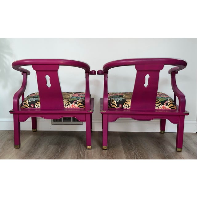 1960s Pair Asian Occasional Chairs Attributed James Mont Tiger Pattern Fabric For Sale - Image 6 of 7