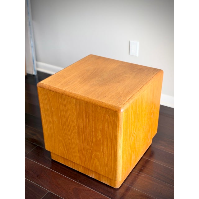 Vintage Mid Century Modern Waterfall Oak Cube Side Table, Display Pedestal & End Table in the Style of Dunbar A vintage...