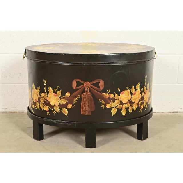 A gorgeous Neoclassical style oval metal toleware box, chest, or bin with lid on stand By Maitland Smith Philippines, Late...