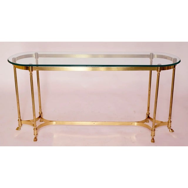 Hollywood Regency 1980s Vintage Labarge Brass Glass Top Oval Hoofed Feet Console Table For Sale - Image 3 of 4