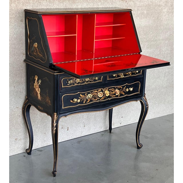 Early 20th Century Chippendale Style Slant Top Desk in Black Lacquered Wood, circa 1900 For Sale - Image 5 of 18