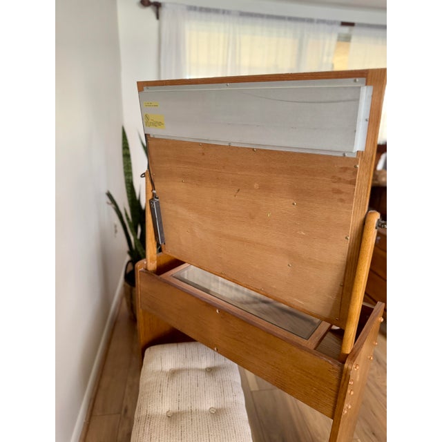 Mid 20th Century Oak Vanity Table With Lighted Adjustable Top Mirror and Upholstered Bench For Sale - Image 9 of 17