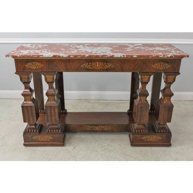 English Pair Antique Charles X Inlaid Mahogany Marble Console Tables For Sale - Image 3 of 13