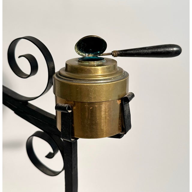 Turn of the Century Floor Model Brass Tea Kettle and Warmer on Wrought Iron Stand For Sale - Image 4 of 9
