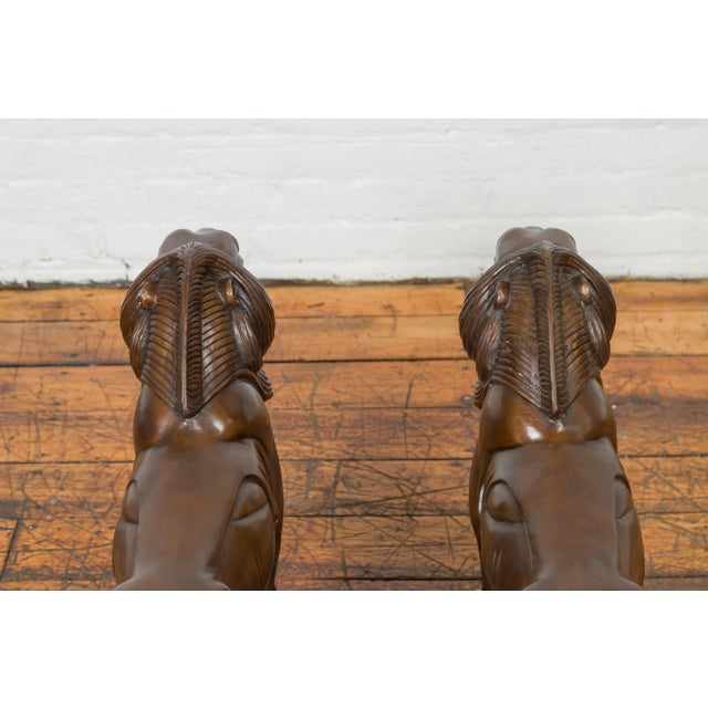 Mid-Century Modern Vintage Bronze With Dark Patina Lion Sculptures on Bases - A Pair For Sale - Image 3 of 13