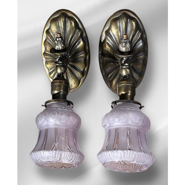 1900s Brass Beardslee Sconces With Violet Shades - a Pair For Sale - Image 11 of 14