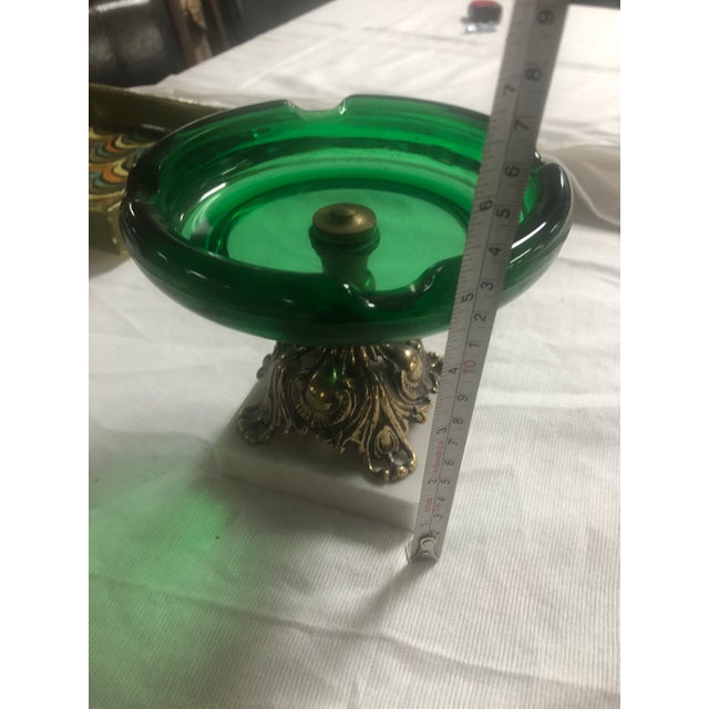 Hollywood Regency Vintage Green Glass Ashtray With Brass and Marble Pedestal Base Mid Century Footed Bowl Pedestal Ashtray Italy Rare Find! For Sale - Image 3 of 4