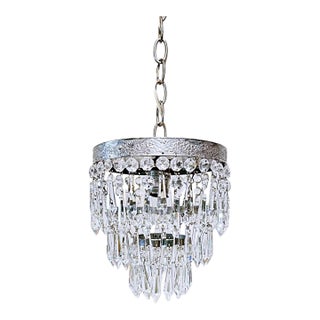 Vintage Silver Crystal Chandelier With Ornate Floral Band and Tiered U-Drop Prisms For Sale