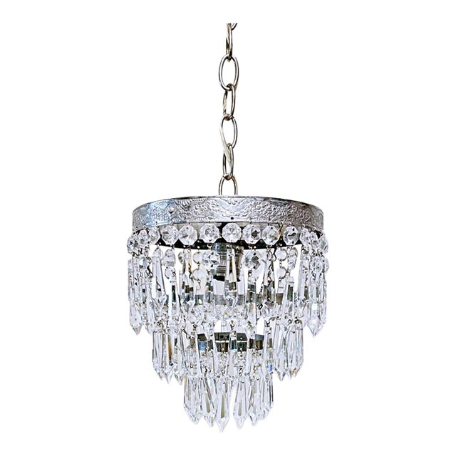 Vintage Silver Crystal Chandelier With Ornate Floral Band and Tiered U-Drop Prisms For Sale