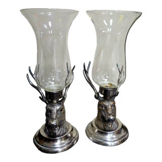 1950s Pair of Carole Stupell Stag Silverplate Hurricane Lamps For Sale