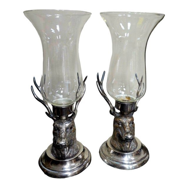 1950s Pair of Carole Stupell Stag Silverplate Hurricane Lamps For Sale