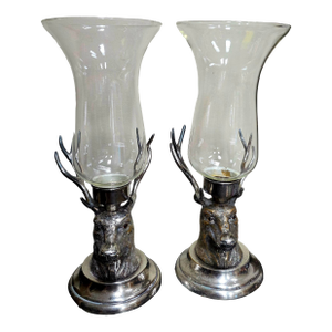 1950s Pair of Carole Stupell Stag Silverplate Hurricane Lamps