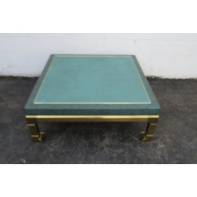 Brass 1980s Mastercraft Faux Green Leather and Brass Square Ming Coffee Table 5737 For Sale - Image 8 of 12