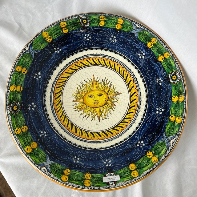 Italian Hand Painted Blue and Green Ceramic Round Sun Center Wall Plate For Sale - Image 11 of 11