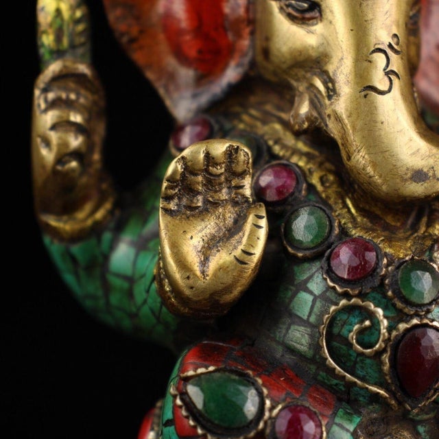 Brass Inlaid Ganesha Statue With Coral and Turquoise For Sale In Los Angeles - Image 6 of 8