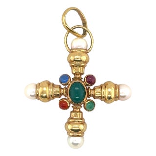 Girovi Ronco 18k Yellow Gold, Pearl, Ruby, Agate, Jade & Sapphire Pendant For Sale