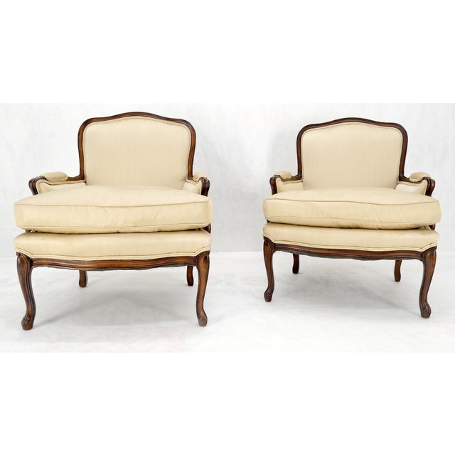 Down Filled Cushions Silk Like Upholstery Carved Legs French Lounge Chairs - A Pair For Sale - Image 11 of 12