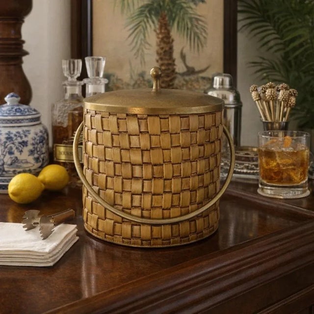 Mid-Century Modern Vintage Mid Century Modern Thespis Woven Ice Bucket With Glass Liner & Brass Lid. For Palm Beach Regency Hosting. Heavy Pc. - See Pics! For Sale - Image 3 of 11