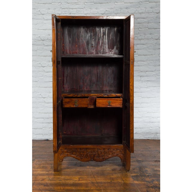 19th Century Chinese Qing Dynasty Brown Finish Cabinet with Carved Apron For Sale - Image 10 of 13