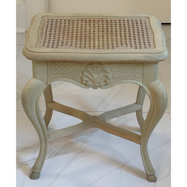 Wood Vintage French Louis XV Style Wooden Stool / Vanity Stool With Caned Seat For Sale - Image 7 of 17