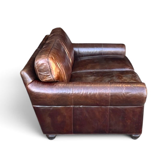 Wood Restoration Hardware Brown Leather Two-Cushion Sofa With Rolled Arms and Bun Feet For Sale - Image 7 of 14