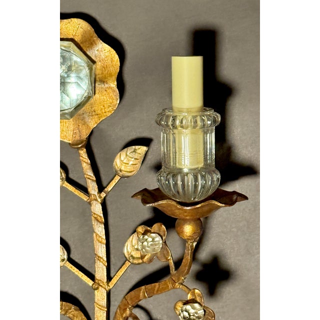 Late 20th Century Pair of Maison Bagues Gilt Metal and Glass Floral Wall Sconces For Sale - Image 11 of 12