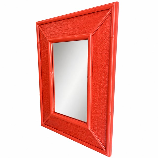 Vintage Woven Rattan Mirror – Caribbean Coral Striking vintage woven rattan mirror featuring a bold, architectural frame...