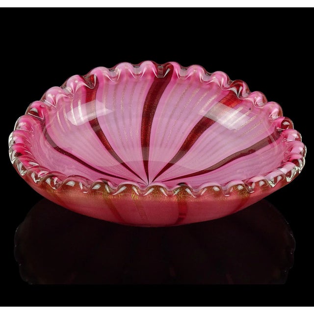 Mid 20th Century Vintage Murano Mid Century Pink Aventurine Ribbons Gold Flecks Italian Art Glass Scalloped Rim Bowl For Sale - Image 5 of 10