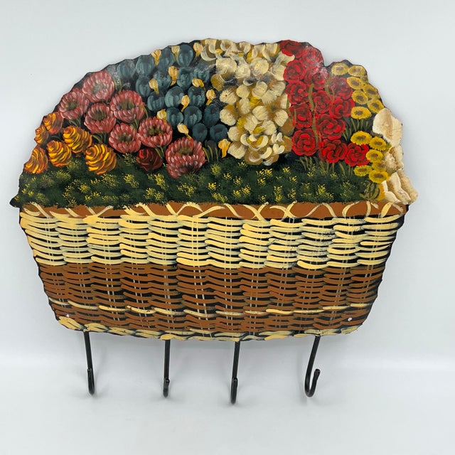 1980s Vintage Hand Painted Toleware Floral Nantucket Basket Wall Hooks For Sale - Image 5 of 12