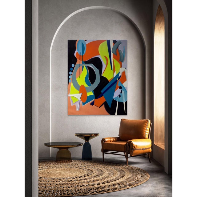 The canvas presents an abstract composition dominated by bold shapes and vibrant colors, with striking contrasts between...