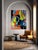 The canvas presents an abstract composition dominated by bold shapes and vibrant colors, with striking contrasts between...
